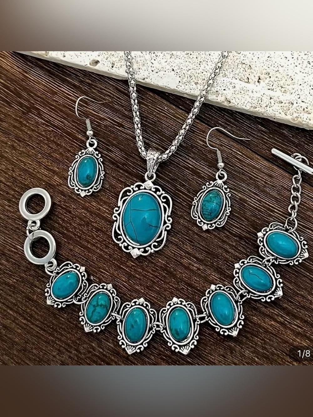 Turquoise Stone Silver-Tone Set of Necklace, Bracelet & Earring NWT